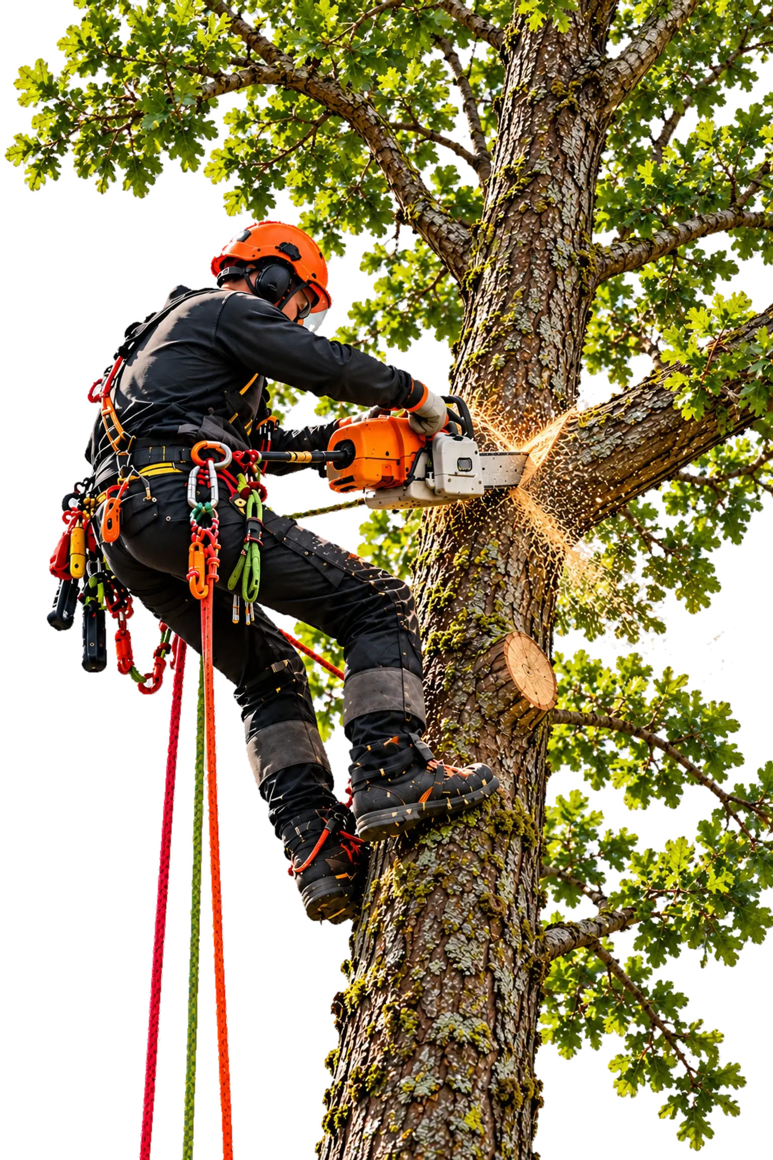 Élagueur-grimpeur encordé dans un chêne, casque orange, en train de couper une branche à la tronçonneuse